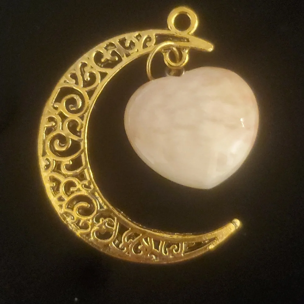 New Nipomo Coral Carved Heart Shaped Gold Crescent Moon Pendant.